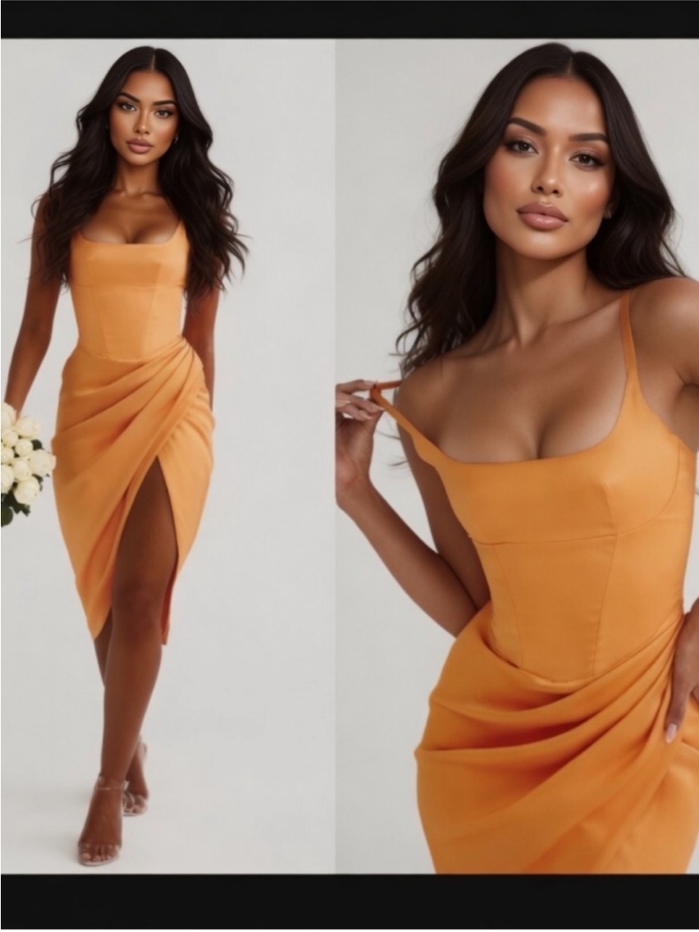 HOUSE OF CB 'Bianca' Tangerine Satin PleatedCorsetMidiDress/Size S-US 4-6 $285